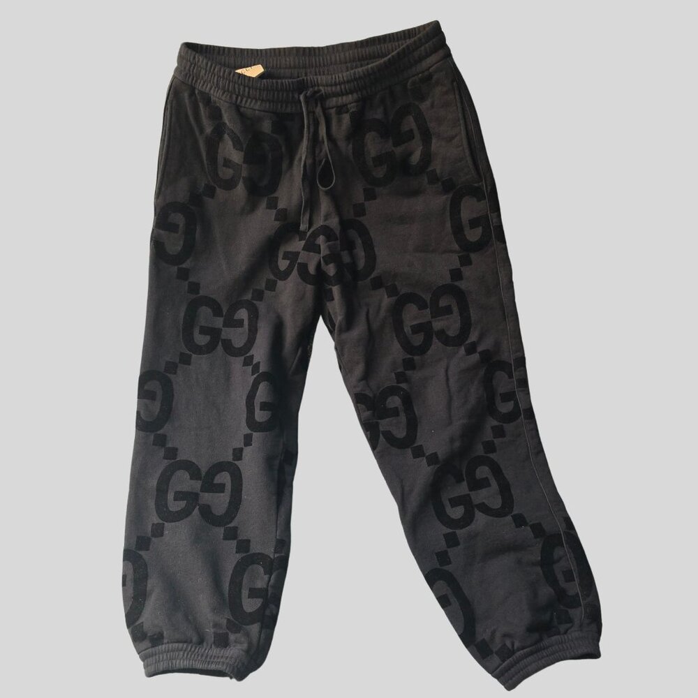 SOLD Authenticated Gucci GG Flock Print Black Cotton  Sweatpants XL MSRP $1,800